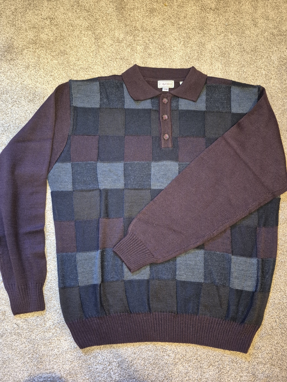 Vintage Cavori Men's Burgundy & Navy Checker Block Polo Sweater